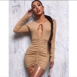 LONG SLEEVE RIBBED PEEKABOO DRAWSTRING BODY-CON DRESS